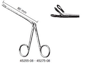 45271-08 : Struempel Pince auriculaire, 2.5 x 5 mm, longueur de tige 80 mm, mors ogivaux en forme de cuiller, fenêtrés
