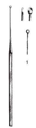 45110-01 : Buck Ear curette, straight, blunt, 14.5 cm long, fig. 1, 2.5 mm diameter