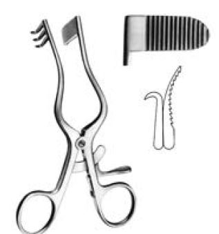 Perkins Self-retaining retractor, 3 sharp prongs on left side, valve on right side, 13 m long