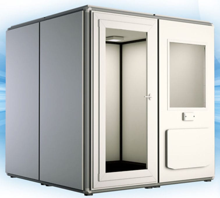 P45S2X2W-COMPLETE : Puma PRO45S Soundproof booth, external dimensions: 216 x 216 x 244 cm, connection pannel and ventilation system included, total glass door with 75 cm wide opening, external folding table included