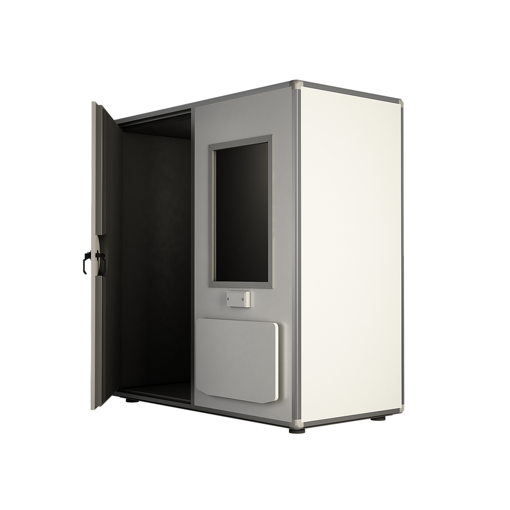 P302X2-COMPLETE : PRO 30 Soundproof booth, external dimension 211 x 211 x 217 cm, containing external folding table and window on the door