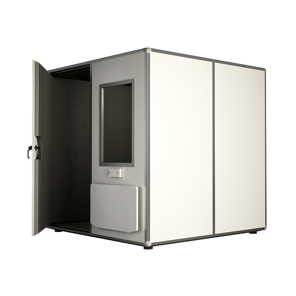 P35F1.3X2-COMPLETE : PRO 35F Soundproof booth, external dimension 132 x 211 x 217 cm, containing external folding table