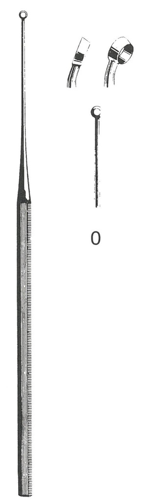 Buck Ear curette, curved, sharp, 15 cm long, fig. 0, 1.9 mm diameter