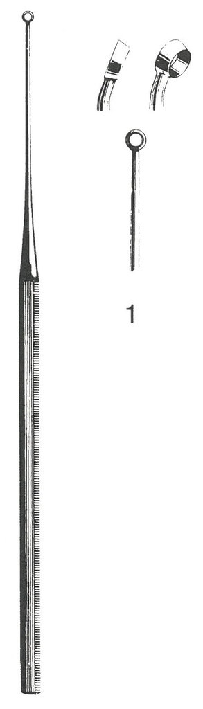 45117-02 : Buck Ear curette, curved, sharp, 15 cm long, fig. 2, 2.7 mm diameter