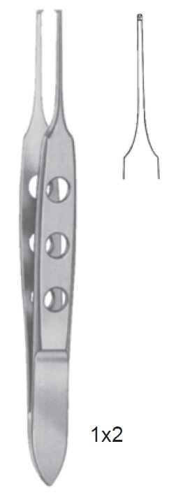 Bischop-Harman Iris forceps, straight, 8.5 cm long, 0.5 mm, 1 x 2 teeth