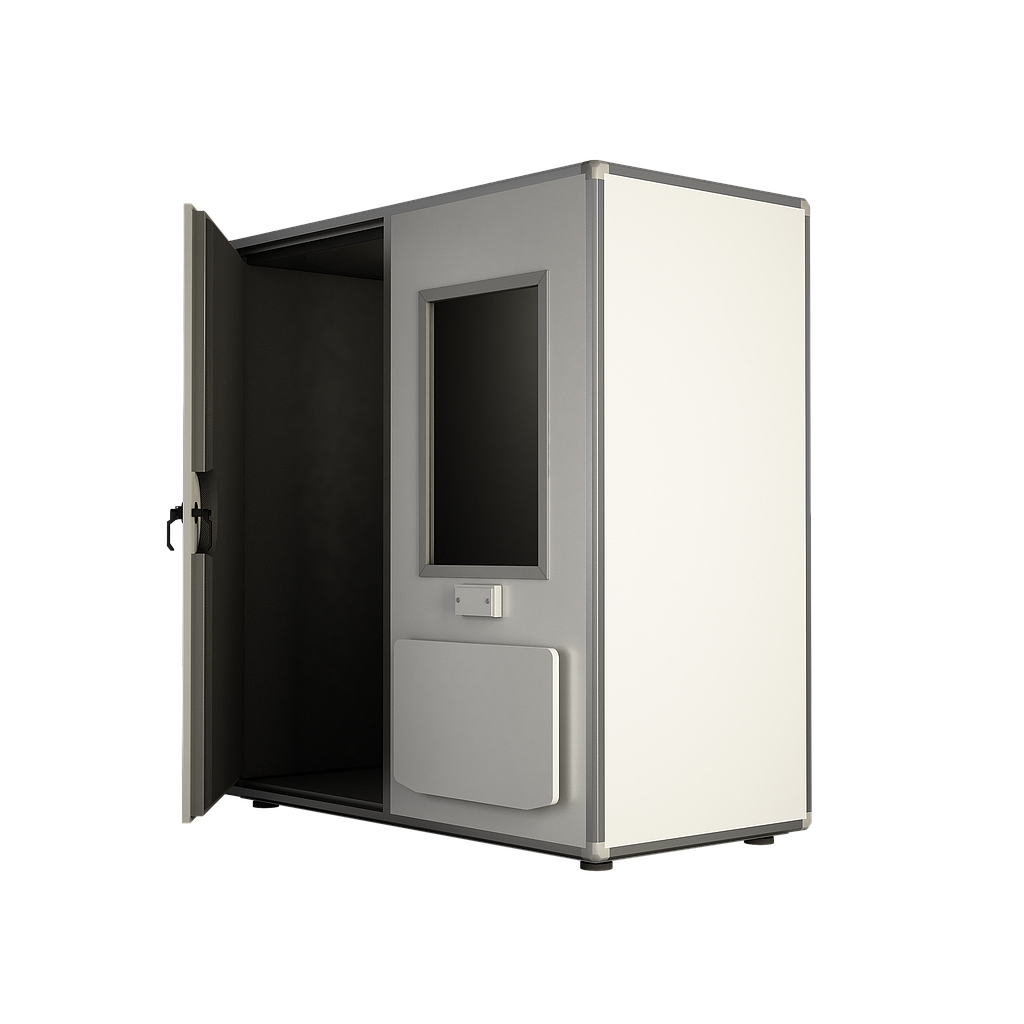 P302X2-COMPLETE : PRO 30 Soundproof booth, external dimension 211 x 211 x 244 cm, containing external folding table and window on the door