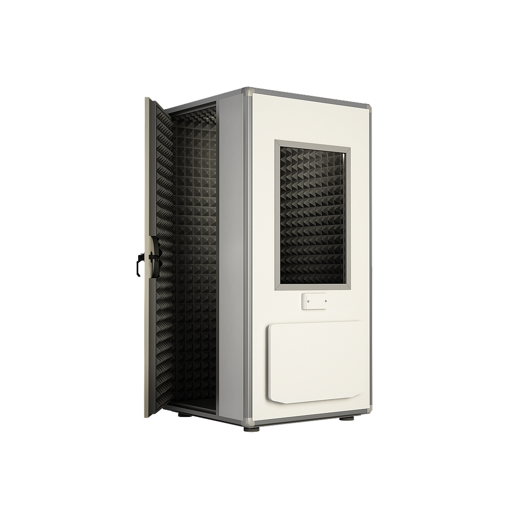 P30MAXIW-COMPLETE: PRO 30 MAXI audiometric booth, external dimensions 132 x 132 x 244 cm, window on the door, including external folding table, additional ventilation and connection panel.