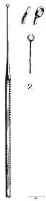 [00021110] 45115-02: Buck Ear curette, curved, blunt, 15 cm long, fig. 2, 2.7 mm diameter