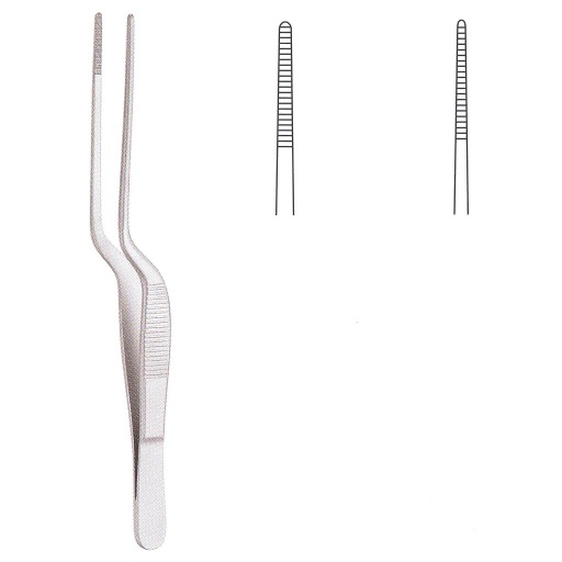 [00000459] 073074-01 : Lucae Bayonet dressing forceps, serrated tips, 14 cm long, delicate pattern