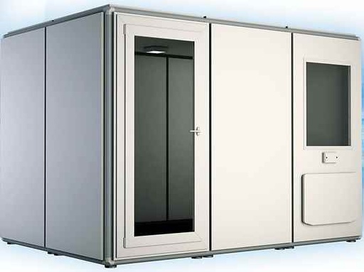 [00022975] P45S3X2W-COMPLETE : Puma PRO45S Geluidsarme cabine: external dimensions: 318 x 216 x 247 cm, internal dimensions: 302 x 200 x 201 cm, connection pannel and ventilation system included, total glass door with 75 cm wide opening, external folding table included